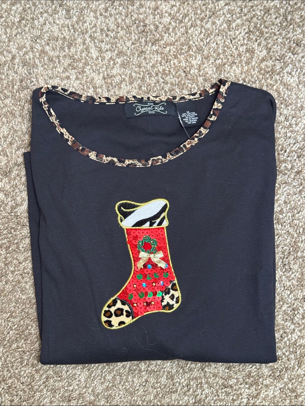 Crystal-Kobe Black Holiday Stocking Sequin Top with Leopard Trim